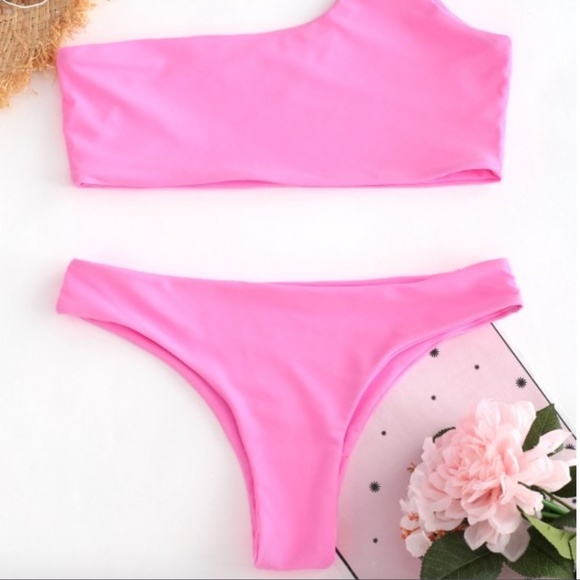 Unlined One Shoulder Bikini Set - Hot Pink S - Picture 3 of 8